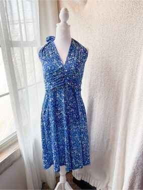 Blue Floral Strapless Sundress with Gathered Waist